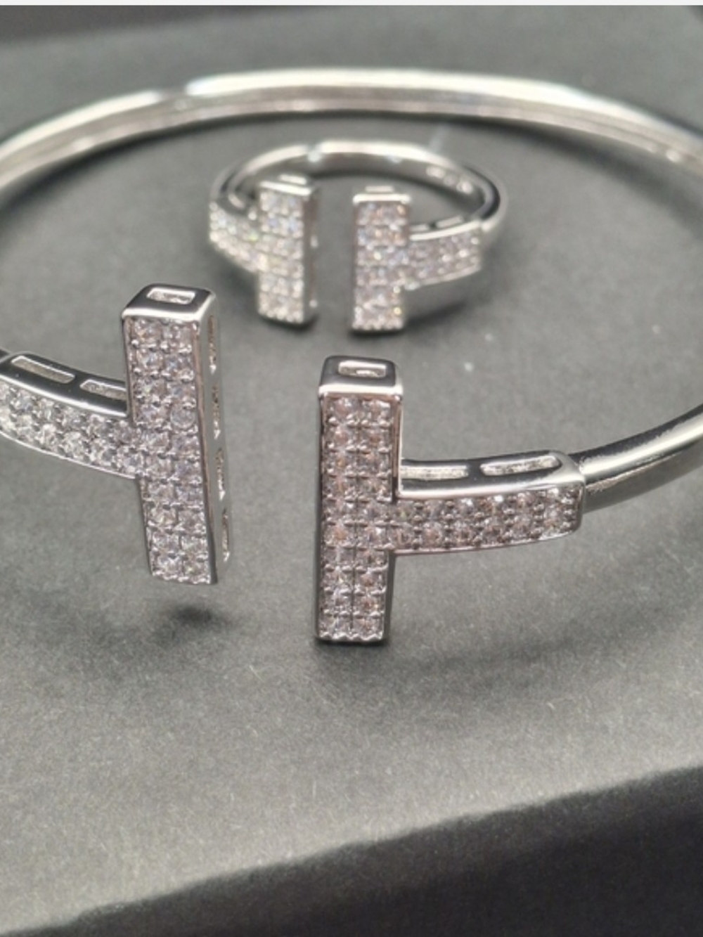 Sterling Silver Pavé T-Design Bracelet and Ring Set - Clear Crystal